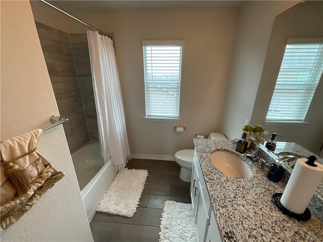 full bathroom with toilet, vanity, tile patterned flooring, and shower / bathtub combination with curtain