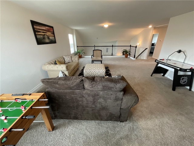 rec room with carpet flooring and lofted ceiling