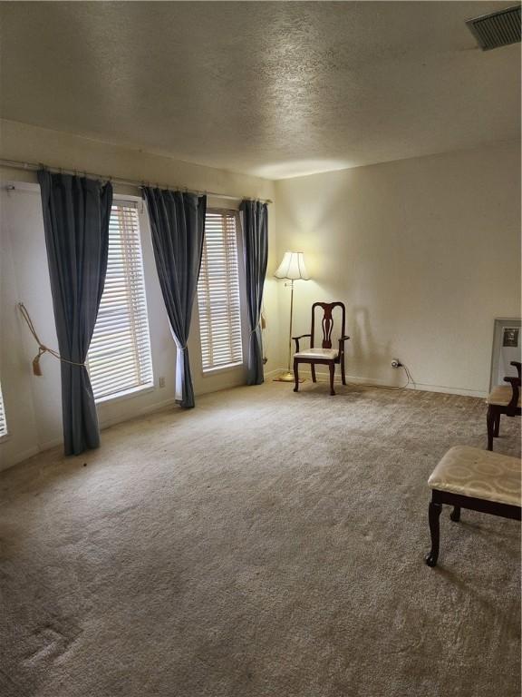 unfurnished room featuring carpet and a textured ceiling