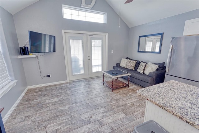 4601 Gulfbreeze Blvd Unit 1, 2, 3, 4, 5, Corpus Christi, TX 78402 - living room with ceiling fan, high vaulted ceiling, and french doors