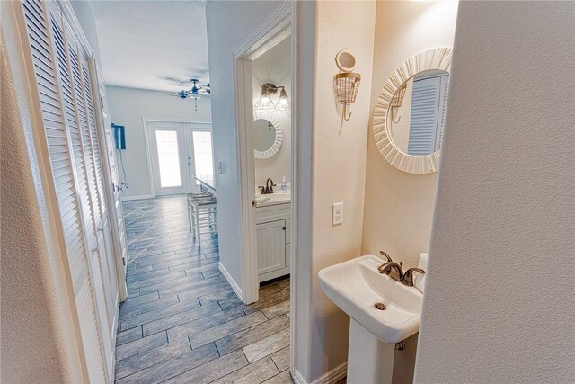 4601 Gulfbreeze Blvd Unit 1, 2, 3, 4, 5, Corpus Christi, TX 78402 - bathroom featuring french doors, ceiling fan, and sink