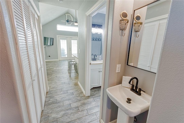 4601 Gulfbreeze Blvd Unit 1, 2, 3, 4, 5, Corpus Christi, TX 78402 - bathroom with ceiling fan, lofted ceiling, and sink