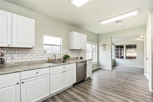 kitchen with sink, white cabinetry, tasteful backsplash, stainless steel dishwasher, and dark hardwood / wood-style flooring