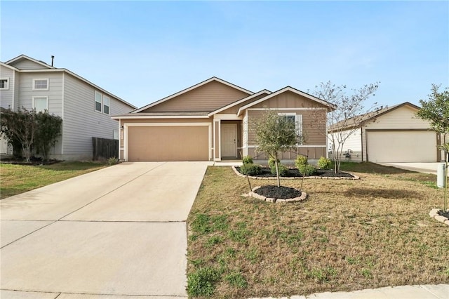 single story home featuring concrete driveway, a front lawn, board and batten siding, and an attached garage