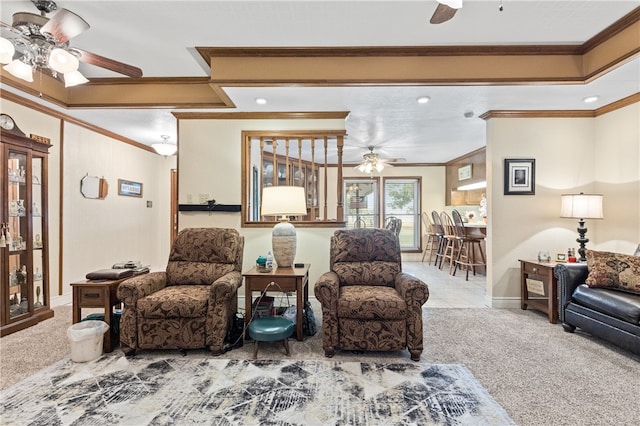 living room featuring carpet floors and crown molding