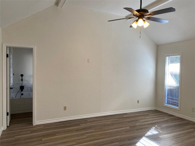 unfurnished room featuring lofted ceiling with beams, dark wood-type flooring, and ceiling fan