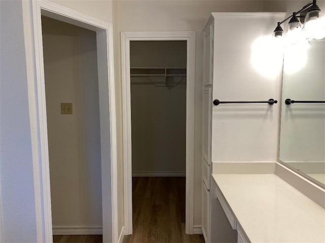 bathroom with hardwood / wood-style flooring and vanity