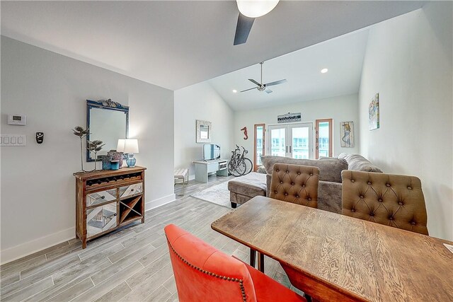 611 Lauderdale Dr, Rockport, TX 78382 - dining space featuring a ceiling fan, baseboards, vaulted ceiling, light wood-style floors, and recessed lighting