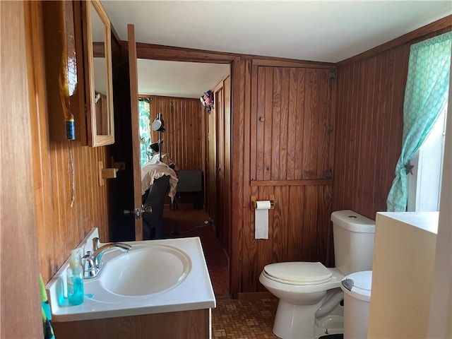 bathroom with vanity, toilet, and wood walls