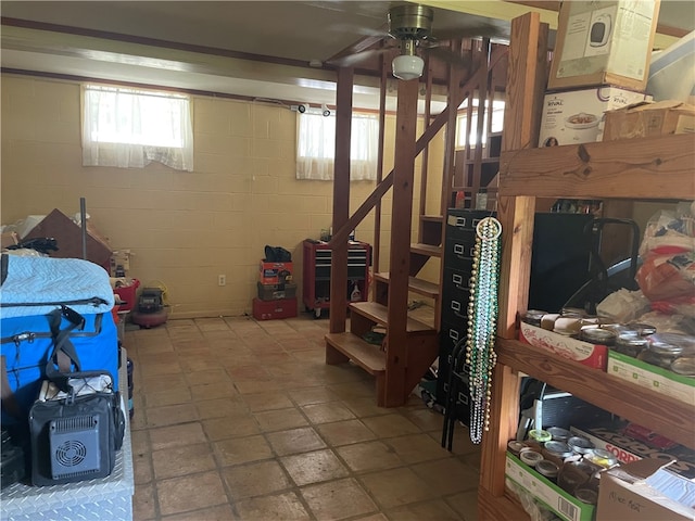 basement with ceiling fan