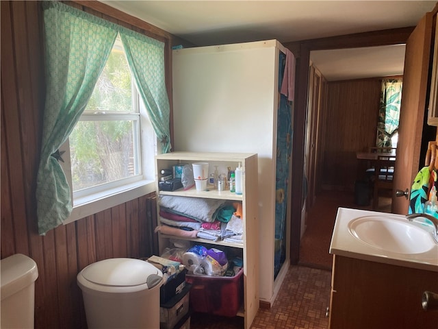 bathroom featuring vanity, toilet, and wooden walls