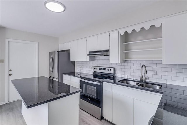 kitchen with a kitchen island, appliances with stainless steel finishes, white cabinetry, open shelves, and a sink