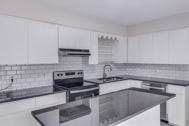 kitchen featuring under cabinet range hood, white cabinetry, appliances with stainless steel finishes, and open shelves