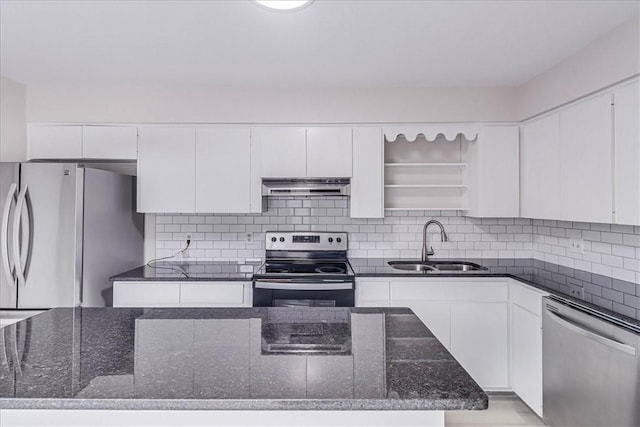 kitchen with white cabinets, under cabinet range hood, and stainless steel appliances