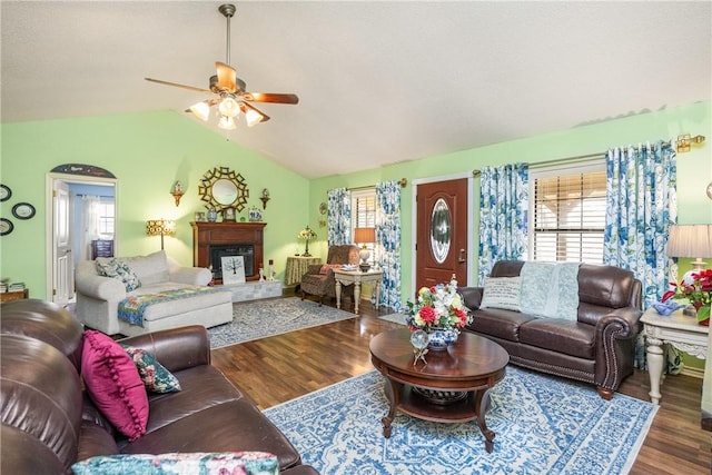 living room featuring plenty of natural light, dark wood-type flooring, and vaulted ceiling