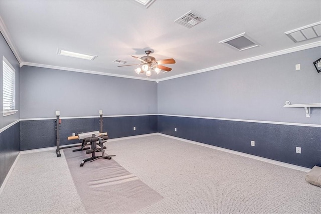 office area with carpet floors, ceiling fan, and crown molding