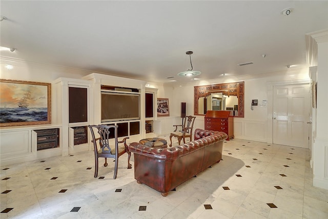 215 Oleander, Corpus Christi, TX 78404 - living room with a decorative wall, crown molding, and wainscoting