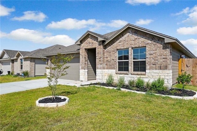 ranch-style house featuring a front lawn, brick siding, driveway, and an attached garage