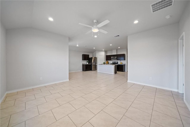 unfurnished living room featuring baseboards, recessed lighting, visible vents, and a ceiling fan