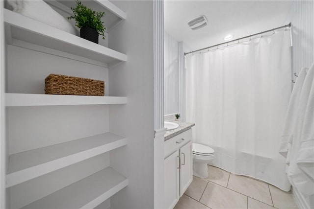 full bathroom featuring visible vents, toilet, shower / tub combo, vanity, and tile patterned flooring