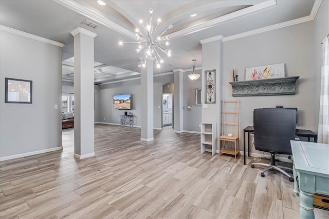 home office with an inviting chandelier, ornamental molding, and light wood-type flooring