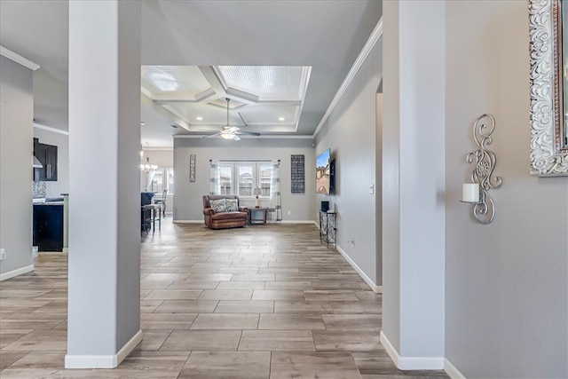 corridor featuring crown molding, beamed ceiling, coffered ceiling, and an inviting chandelier