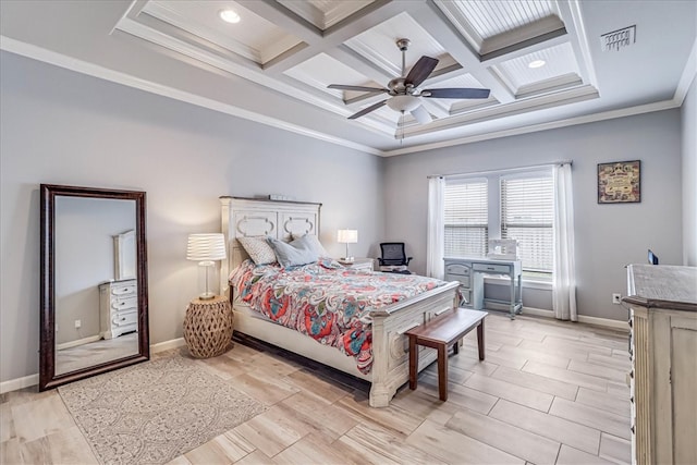 bedroom with beamed ceiling, ceiling fan, crown molding, and coffered ceiling