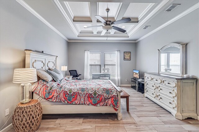 bedroom featuring ceiling fan, crown molding, and multiple windows