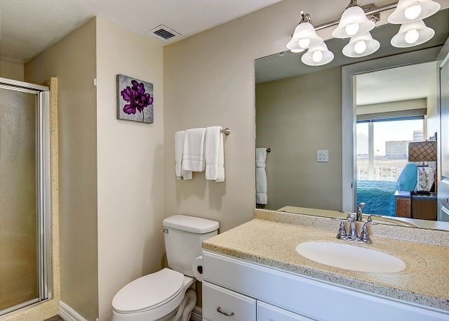 bathroom featuring walk in shower, vanity, toilet, and a notable chandelier