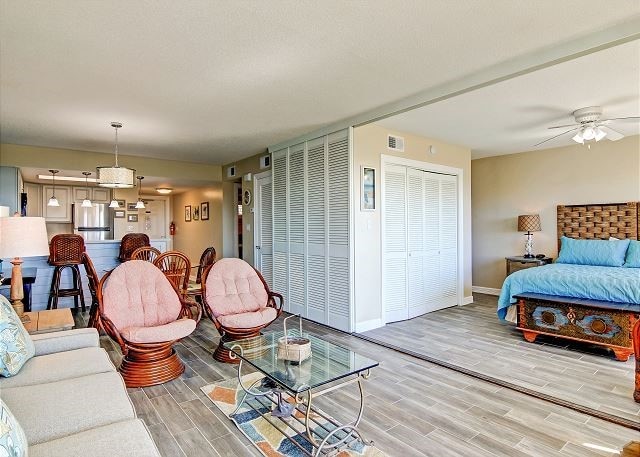 living room with hardwood / wood-style flooring and ceiling fan