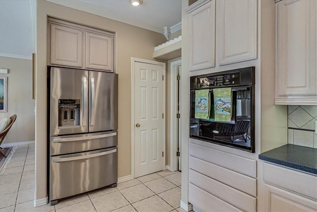 kitchen featuring backsplash, stainless steel refrigerator with ice dispenser, crown molding, and light tile patterned flooring