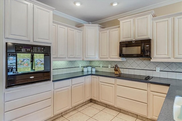 kitchen featuring light tile patterned floors, black appliances, backsplash, and crown molding