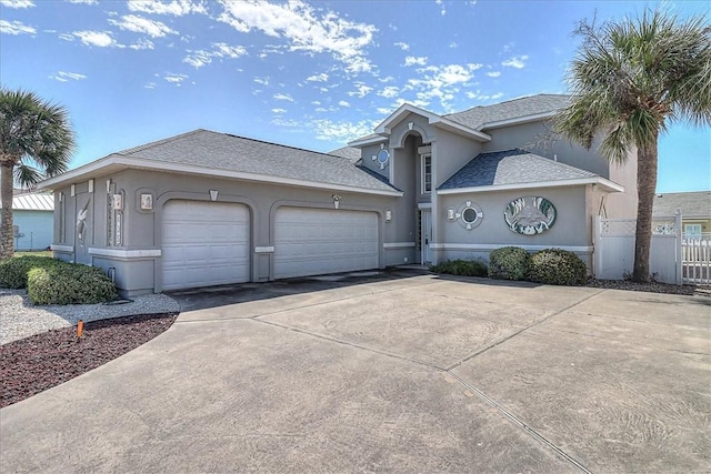 view of front of property with a shingled roof, concrete driveway, an attached garage, fence, and stucco siding