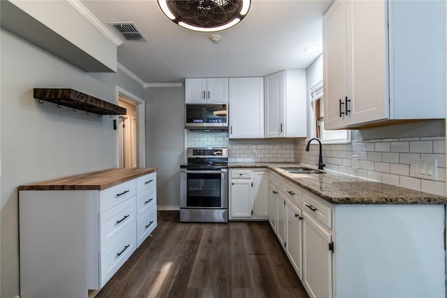 4001 Cott St, Corpus Christi, TX 78411 - kitchen with stainless steel appliances, a sink, butcher block counters, dark wood finished floors, and crown molding