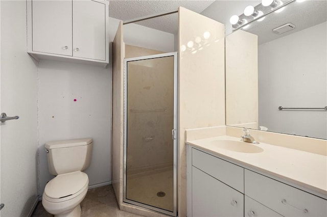 full bath featuring a textured ceiling, a shower stall, toilet, and vanity