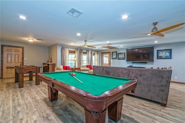 game room with ceiling fan, billiards, and light wood-type flooring