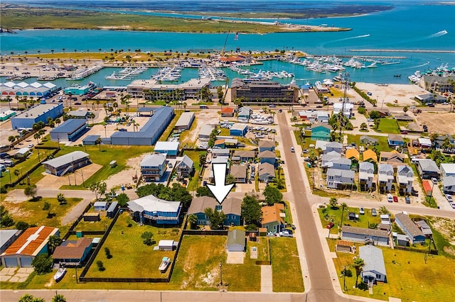 bird's eye view with a water view