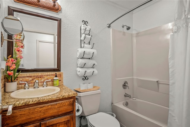 full bathroom with crown molding, shower / bath combo, vanity, decorative backsplash, and toilet