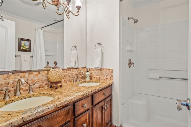 bathroom featuring shower / bath combination with curtain, ornamental molding, vanity, and decorative backsplash