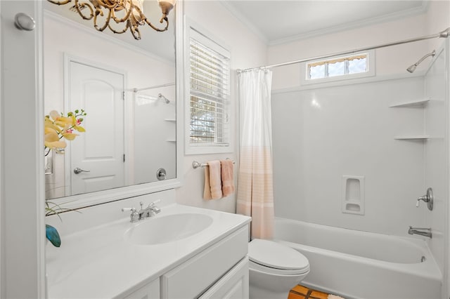 full bathroom featuring vanity, shower / tub combo, crown molding, and toilet