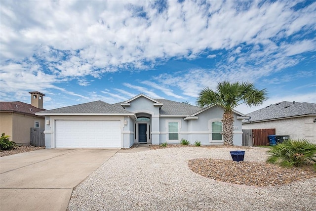 ranch-style home with a garage, stucco siding, fence, concrete driveway, and a shingled roof