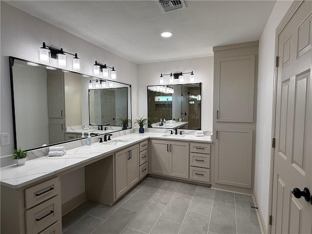2413 Still Brook Dr, Corpus Christi, TX 78414 - bathroom featuring tile patterned floors, vanity, visible vents, and an enclosed shower