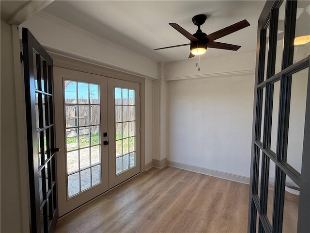 2413 Still Brook Dr, Corpus Christi, TX 78414 - doorway to outside featuring baseboards, a ceiling fan, crown molding, light wood finished floors, and french doors