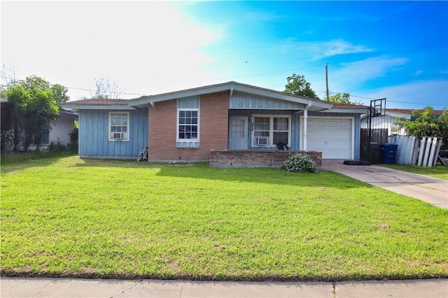 4625 Mildred Dr, Corpus Christi, TX 78411 - ranch-style home with fence, driveway, a garage, a front lawn, and board and batten siding