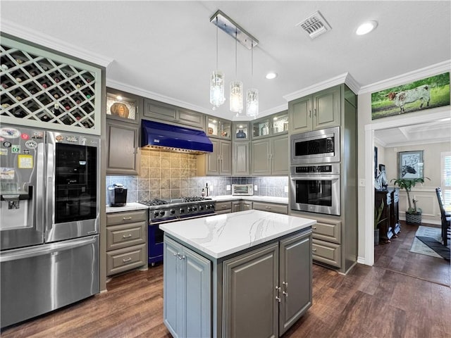 13910 Riverway Dr, Corpus Christi, TX 78410 - kitchen featuring stainless steel appliances, premium range hood, a center island, dark wood finished floors, and gray cabinetry