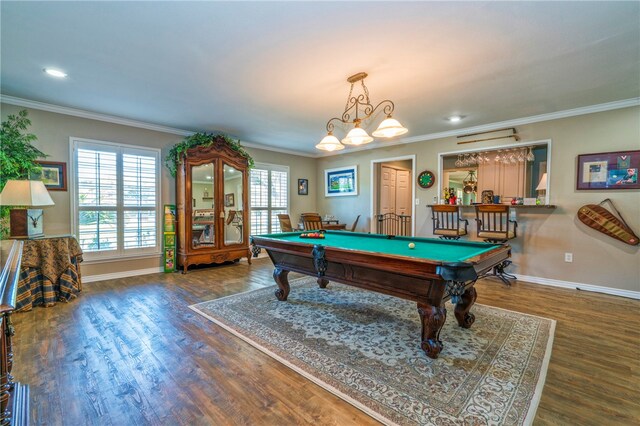 rec room with billiards, dark wood-type flooring, and crown molding