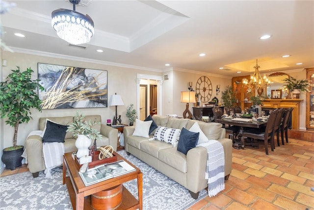 11157 Jackson Ter, Corpus Christi, TX 78410 - living room with a chandelier, a tray ceiling, crown molding, and recessed lighting