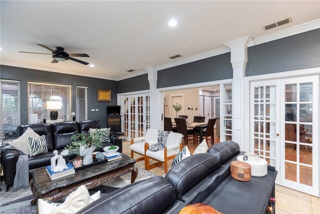 11157 Jackson Ter, Corpus Christi, TX 78410 - living room with decorative columns, french doors, crown molding, a ceiling fan, and recessed lighting