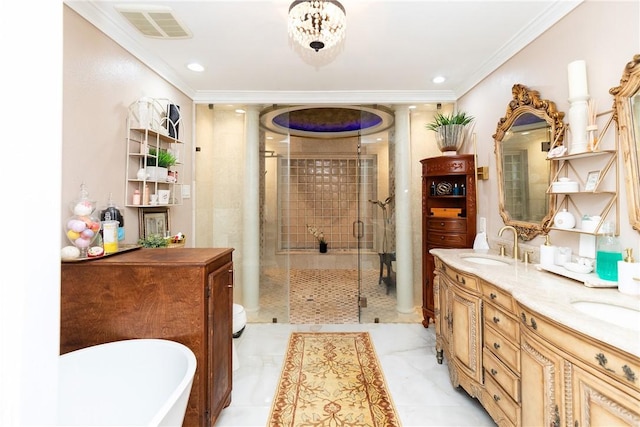 11157 Jackson Ter, Corpus Christi, TX 78410 - bathroom with a stall shower, double vanity, a freestanding bath, ornamental molding, and recessed lighting