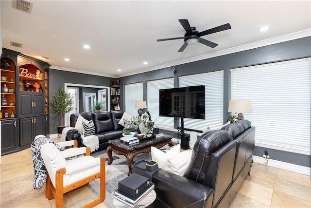 11157 Jackson Ter, Corpus Christi, TX 78410 - living area with crown molding, ceiling fan, and recessed lighting